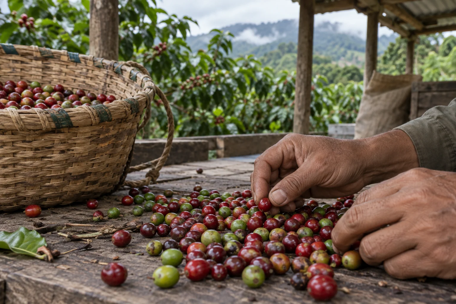 Manos examinando cerezas de café sobre una mesa; escena ilustrativa