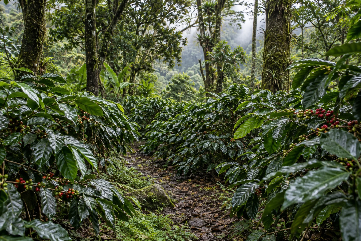Sendero entre cafetos bajo árboles de sombra; ilustración inspirada en Boquete