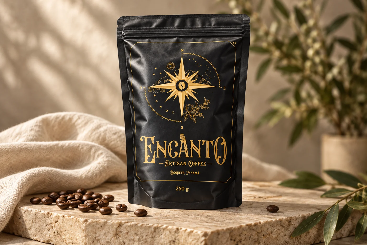 Empaque negro Encanto Artisan Coffee de 250 gramos, composición de producto recreada sobre piedra y lino
