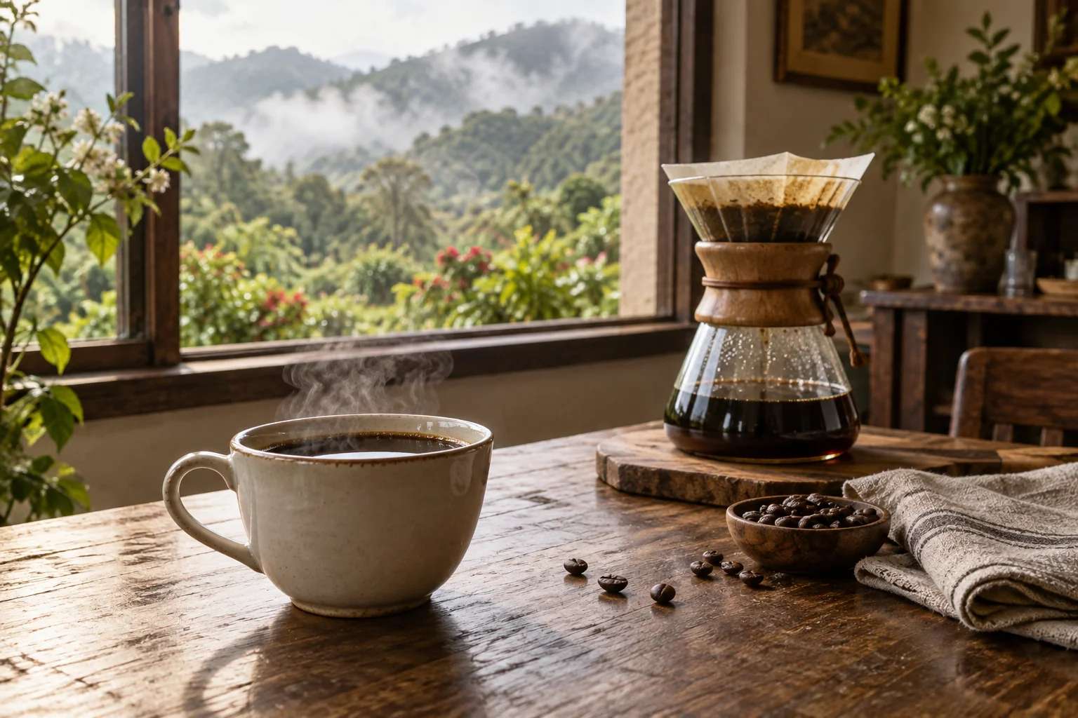 Escena de ambiente recreada con una taza y preparación de café junto a una ventana