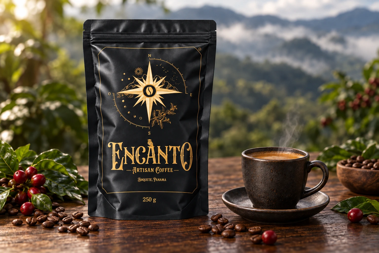 Composición recreada del café Encanto de 250 gramos junto a una taza, hojas y granos