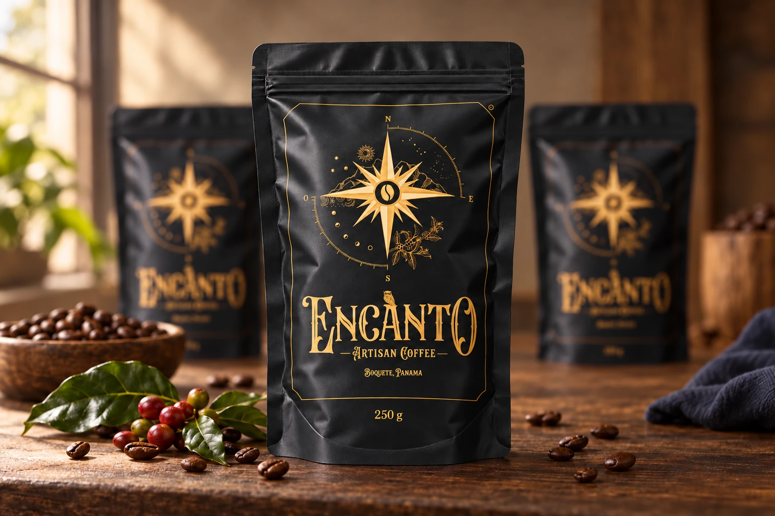 Composición recreada de empaques negros Encanto Artisan Coffee de 250 gramos en una mesa