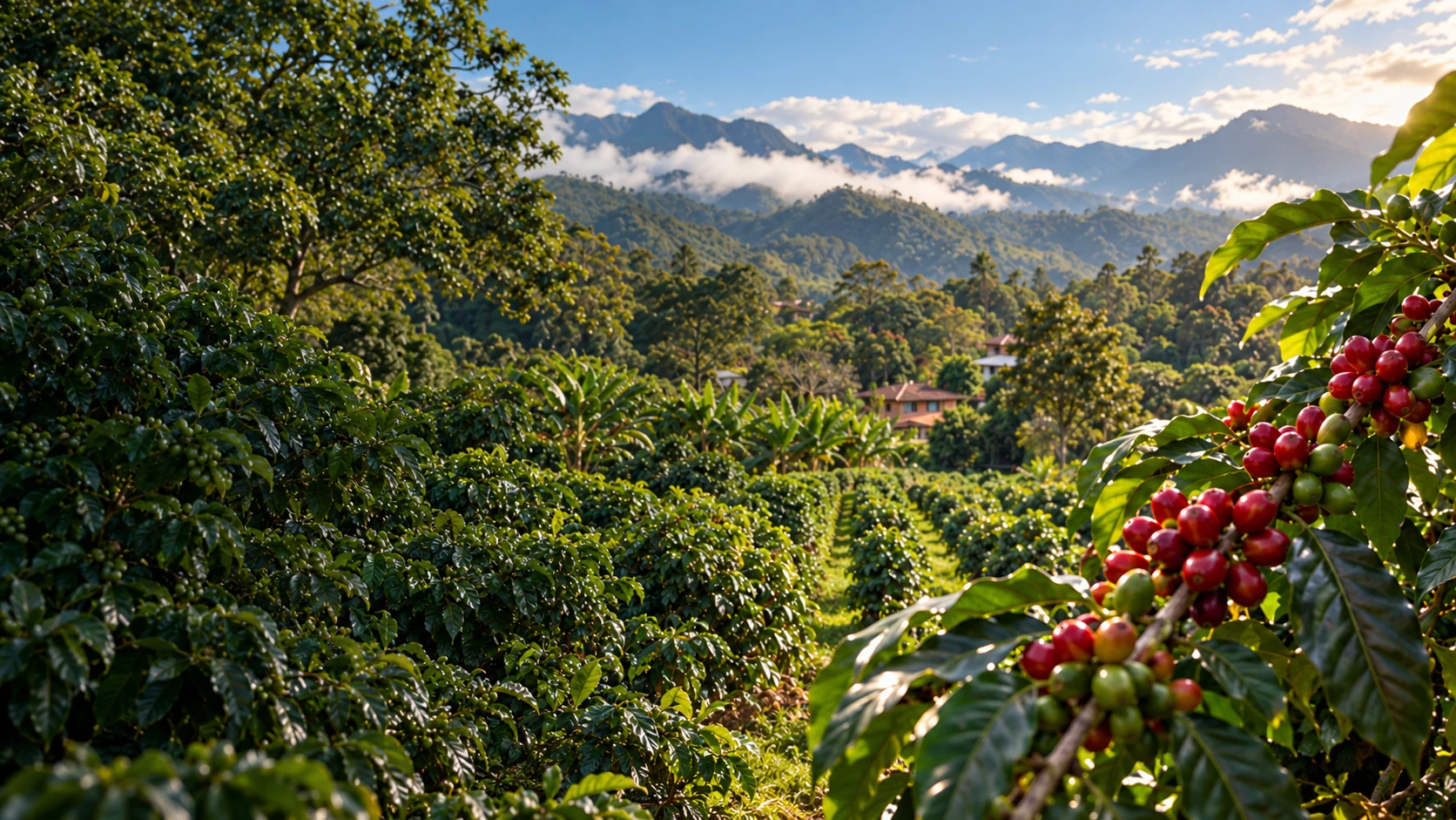 Paisaje ilustrativo de cafetales de Boquete con cerezas maduras de café