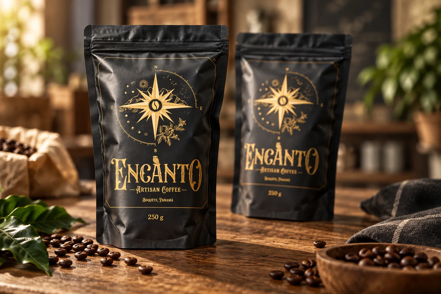 Composición recreada de dos empaques negros Encanto Artisan Coffee de 250 gramos en una mesa de trabajo