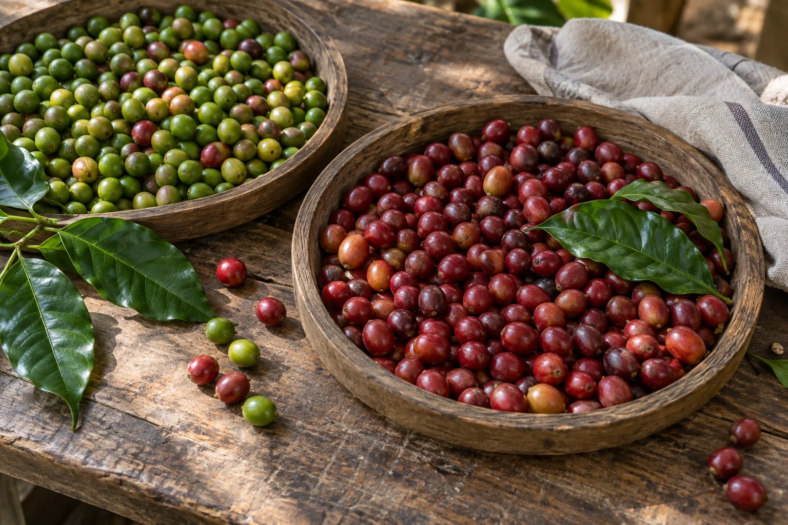 Escena ilustrativa de selección de cerezas de café en bandejas de madera
